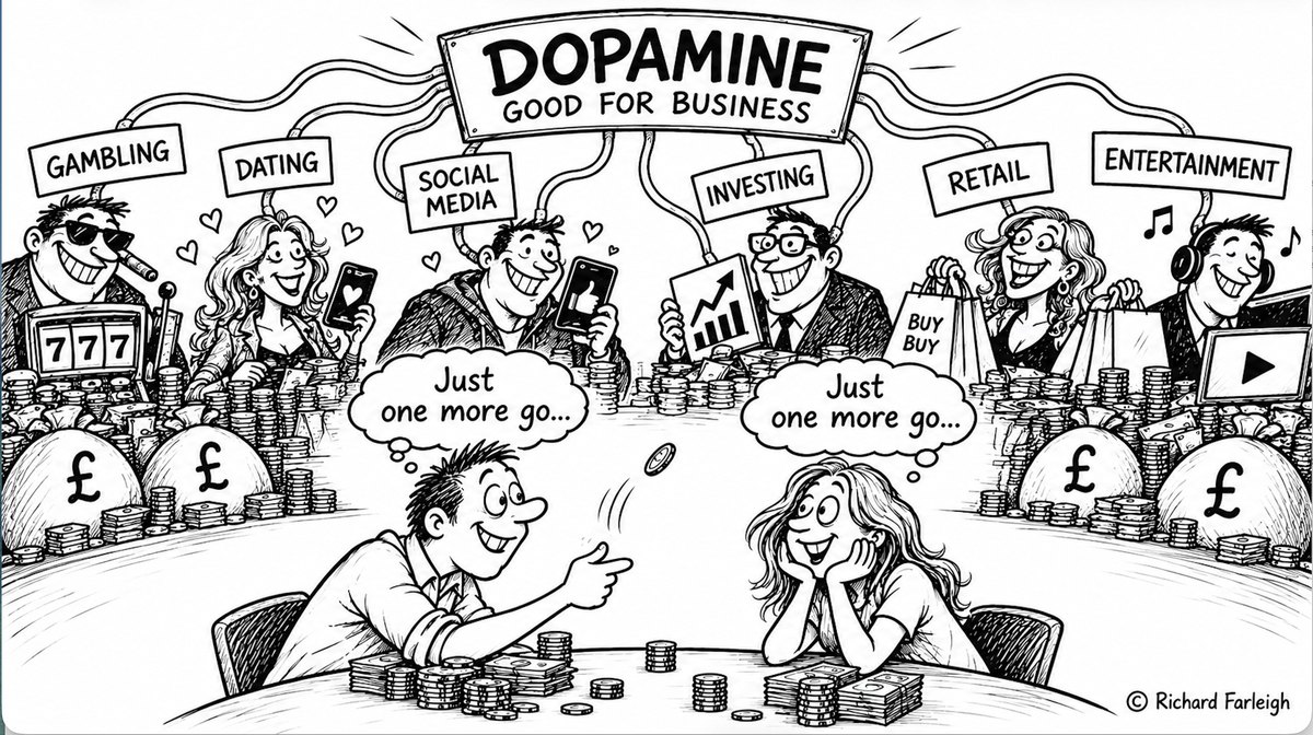 Cartoon: people at gambling, dating, social media, investing, retail and entertainment tables, each thinking just one more go, under a banner reading Dopamine, good for business